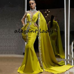 Lemon High Neck Evening Formal Dresses with Long Sleeve Cape 2021 Sparkly Crystal Kaftan Caftan Arabic Prom Gowns Vestidos de 339Y