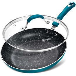 MICHELANGELO Lid, 10 Inch Nonstick, Enamelled Non Stick Frying Pan Silicone Handle, Nonstick Skillet with Granite Interior, Cyan