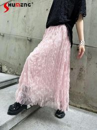 Skirts Streetwear Woman Pleated Pink Mesh Long Skirt For Women 2024 Summer Fashion Loose Pure Colour High Waist A- Line Tulle