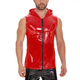 Men's Tank Tops Mens Faux Leather Hooded Shirt Full Zipper Glossy PVC Top Vest Sleeveless Shaping Wet Look Hoodies