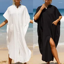 Loose Solid Kaftan Bikini Cover Up Retro V-neck White Black Beach Dress Plus Size Women Summer Wear Swim Suit