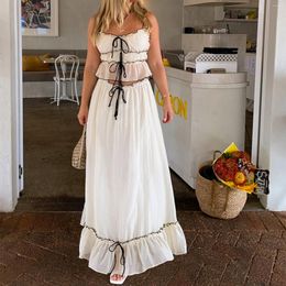 Work Dresses Y2K Vintage Women Two Piece Maxi Skirt Set Sleeveless Crop Cami Top Ruffle Tiered Flowy Long Vacation Beach Outfits