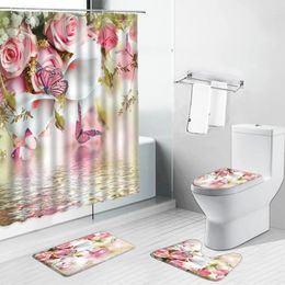 Shower Curtains Pink Flower Butterfly Scenery Tulip Rose Dandelion Floral Bathroom Decor Non-Slip Toilet Cover Carpet Bath Mat