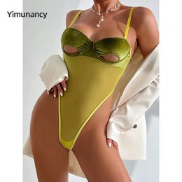 Yimunancy 3 Colour Cut Out Bodysuit Women Spaghetti Strap Sexy Colours Skinny Backless Body Femme Clubwear 240423