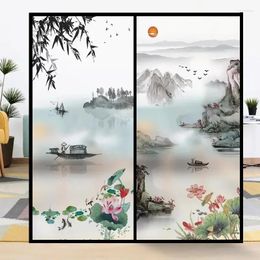 Window Stickers Customised Chinese Landscape Painting Frosted Glass Bathroom Anti Glare Sticker Spying And Light Blocking Film