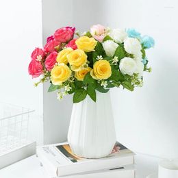 Decorative Flowers Pink Yellow Artificial Bridal Bouquet In Vase On Wedding Table Autumn Decoration Silk Flower Rose Fake Plant