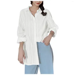 Women's Blouses Women Temperament White Shirts Office Business Lapel Button Down Striped Blouse Long Sleeve Korean Style Y2k