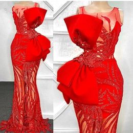 Arabic Aso Ebi Style Mermaid Prom Dresses 2022 Red Lace Appliques Plus Size Formal Evening Occasion Gowns Vestidos De Novia 254Q