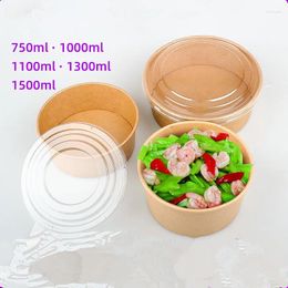 Disposable Cups Straws 50pcs Kraft Paper Fast Food Box 750ml 1000ml 1300ml Fruit Salad Lunch Round Bowl Large Dessert With Lid