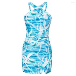 Women's Swimwear Jasambac Women 2024 Ruched Swim Dress Briefs Halterneck Front Slit Push-up Bra Bathing Suit