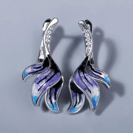 Stud Earrings 925 Silver Long Beautiful Flower Shape Violet Epoxy Handmade Enamel Ladies Earring Jewellery Romantic For Women