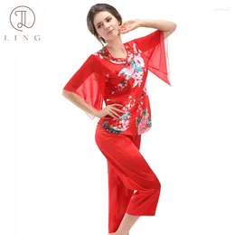 Home Clothing Ling Women's Pyjama Sets Sexy Silk Satin 2Pcs Calf Length Pants Sleepwear Homewear Red Colour