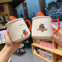 Mugs Korean Version Of Cute Mug With Lid Spoon Super Girl Ceramic Cup Simple Literary Strawberry Coffee Female LB010216