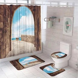 Shower Curtains Blue Ocean Seagull Scenery Bathroom Set Curtain Non-Slip Rug Bath Mat Lid Toilet Cover Bridge Cave Natural Art Tub Screen