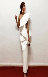 Elegant White Evening Dresses One Shoulder Ruffle Satin Sheath Floor Length Saudi Arabic Prom Dresses Evening Gowns Zipper Up6962100