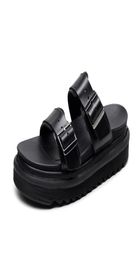 Summer platform motorcycle slippers slides sandals black real leather double buckle women designer slipper fashion muffin shoes si1244931