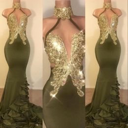 Vestidos New Sexy Olive Green Mermaid Prom Dresses High Neck Gold Crystal Beaded Ruffles Sweep Train Custom Formal Party Dress Evening 324N