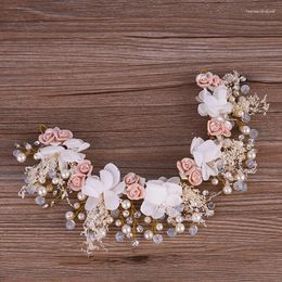 Hair Clips Gold Colour Flower Tiara Headbands For Women Bride Handmade Pearl Crystal Bridal Wedding Accessories Hairbands Headpiece