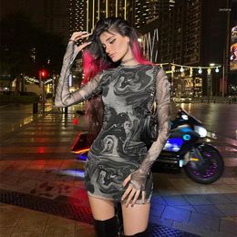 Casual Dresses Mesh Ripple Printing Anti-perspective Personalised Hip-wrapped Dress