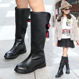 Boots 2024 Autumn Winter Kids Leather Rubber Bow Knot Pearl Girls Knee High Princess Edition Warm Cotton