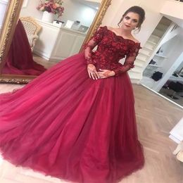 Dark Red Evening Dresses Ball Gown Off the Shoulder Sheer Long Sleeves Lace Flowers Tulle Plus Size Party Prom Evening gown 2430