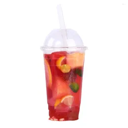 Disposable Cups Straws 50pcs Transparent Plastic Cup Cold Drinks Takeaway Packaging (with Dome Lid)