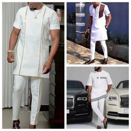 Kaftan mens two-piece set round neck short sleeved ethnic top Trousers comfortable clothing wedding attire 240511