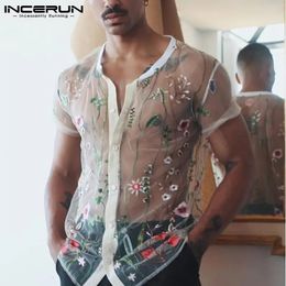 Fashion Men Mesh Shirts Embroidered Short Sleeve Sexy See Through Tops Button Breathable Party Nightclub Shirts INCERUN 5XL 240508