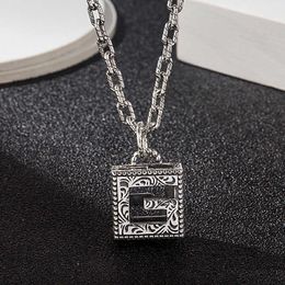 Necklace S925 Silver Antique Home made square g hollow pattern Pendant Long woven chain trendy mens and womens Necklace