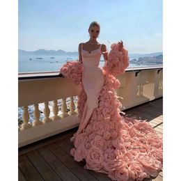2024 Sexy Arabic Evening Dresses Wear for Women Spaghetti Straps Mermaid Blush Pink Hand Made Flowers Formal Prom Dress Party Gowns Cathedral Train Backless 0513