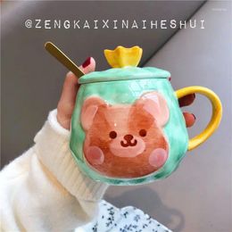 Mugs Cute Cartoon Breakfast Creative Water Cup Girl Heart Student Ceramic With Lid Spoon Mug High-value Bear