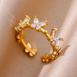 Wedding Rings Butterfly Zircon Stainless Steel Ring Womens Gold Flower Open Adjustable Jewellery Gift Anillo Mujer New Q240511