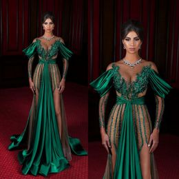 Dark Green Evening Dresses Sheer Jewel Neck High Side Split Long Sleeve Mermaid Prom Dress Satin Saudi Arabia Celebrity Red Carpet Gown 312a