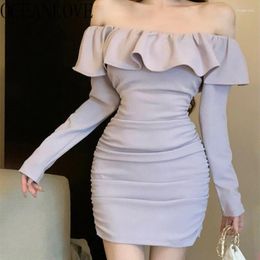 Casual Dresses OCEANLOVE Slash Neck Ruffles Women Solid Spring Autumn Sexy Vestidos Mujer Korean Fashion Elegant Simple Mini Dress