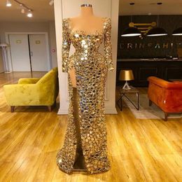 Gold Sexy Mermaid Evening Dresses 2021 High Split Sequined Party Gowns Custom Made Plus Size Prom Pageant Wears Vestidos De Fiesta 217A