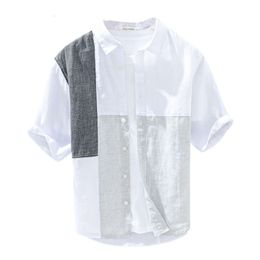 1231 Fresh Yarn Weaving Plaid Spliced Half Sleeve Linen Shirt Men's Contrast Casual Youth Summer Linen Shirt