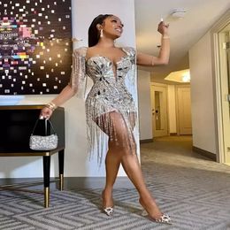 2022 Sparkly Silver Celebrity Dress Prom Dresses 2022 For Black Girls Sexy Mini Cocktail Gown Beaded Tassels Party Homecoming Gowns 298Q
