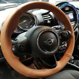 100% Fit For Mini JCW Clubman JCW Convertible JCW Countryman car Interior DIY Hand-stitched brown Super soft nonslip Genuine Leather car steering wheel cover