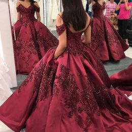 Burgundy Quinceanera Dresses Sparkly Sequins Satin Off the Shoulder Spaghetti Straps Cap Sleeves Applique Pocket Corset Back Prom Ball 2050