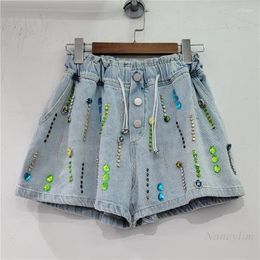 Women's Jeans Beaded Denim Shorts Womans 2024 Summer European Street Heavy Industry Color Diamond High Waist Loose Pants Mujer