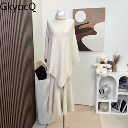 Work Dresses GkyocQ Korean Fashion Knitted Skirt Two Piece Sets Celebrity Wool Cape Tops High Waist Knitting Mermaid Outfit