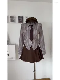 Work Dresses Women's Two Piece Set Suits Y2k High Waist A-Line Mini Brown Skirt And Long Sleeve Shirt Harajuku Vintage Fashion Korean