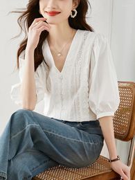 Women's Blouses Fashion Elegant Casual Blouse For Women Short Sleeve Shirt Summer Office V-neck Tops 2024