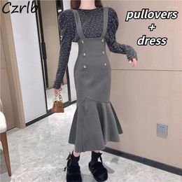 Work Dresses Sets Women Pullovers And Slender Elegant Straps Trumpet Retro Stylish Knitted Ruffles Casual Temperament Spring Fall