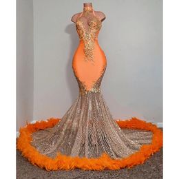 Black Girls Orange Mermaid Prom Dresses 2022 Satin Beading Sequined High Neck Feathers Luxury Skirt Evening Party Formal Gowns For Wome 240q