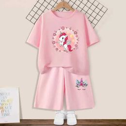 Clothing Sets Cartoon Print Set for Children and Girls Summer Birthday Short sleeved T-shirt+Shorts 2-piece Set for Childrens PartyL2405L2405
