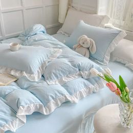 Korean Princess Style Duvet Cover Set No Filling Pink Blue Soft Washed Cotton Girls Favourite Ruffles Bed Linen Pillowcases 240430