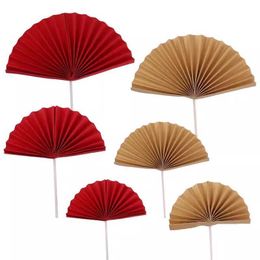 5Pcs Candles Red Fan Happy Birthday Cake Decoration Origami Fan Party Cake Pink Fan Card Insertion Flag Princess Activity Paper Folding Fan