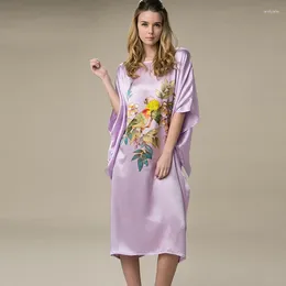 Party Dresses Silk Satin Dress Women Natural Free Size Handmade Painted Light Purple Floral Pattern