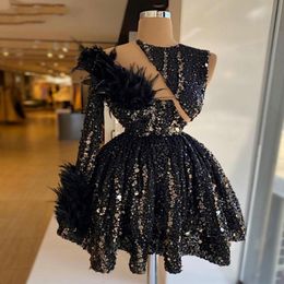 Sparkly Feather Cocktail Dresses 2021 Single Long Sleeve Luxury Beaded Black Sequined African Women Party Gowns Formal Evening Dress 239O